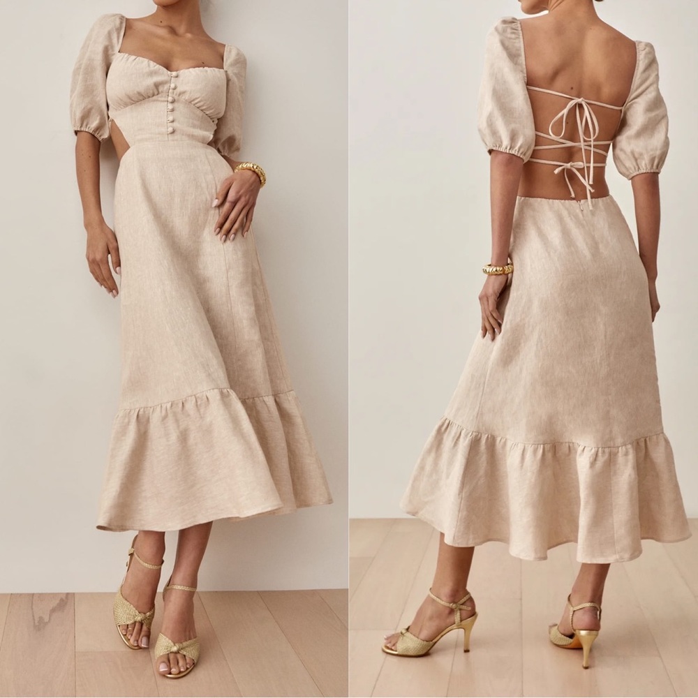 Reformation NWT Oatmeal Beige Puff Sleeve Lace Up Back Maryam Midi Dress - 4